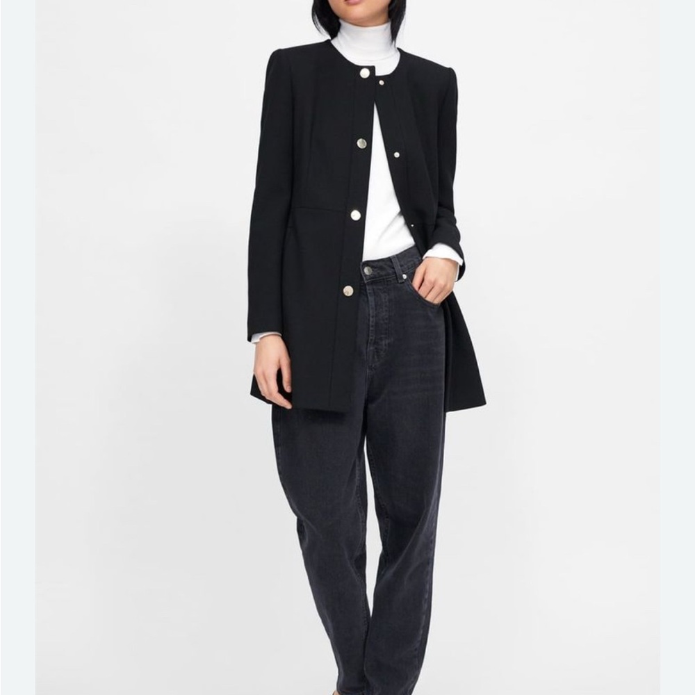 Zara Black Longline Coat with Gold Buttons